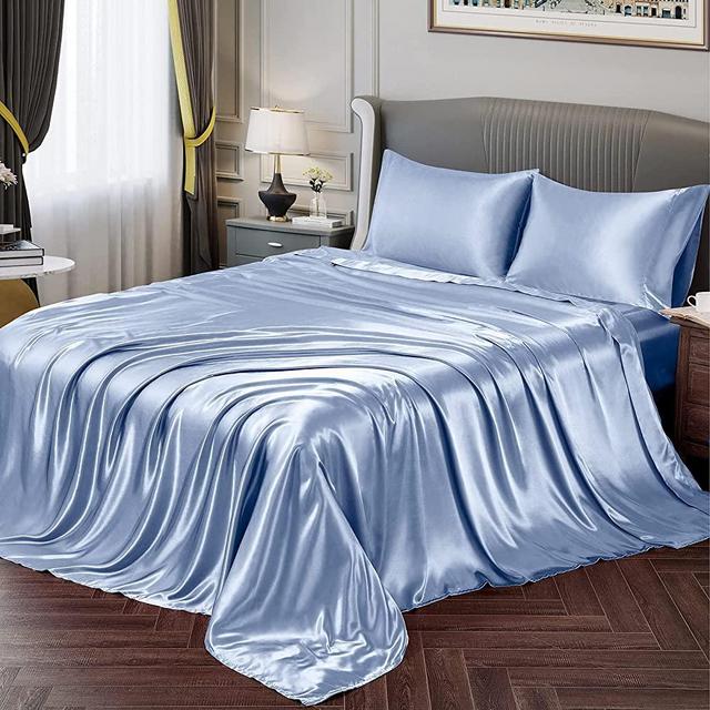 Vonty Satin Sheets Queen Size Silky Soft Satin Bed Sheets Baby Blue Satin Sheet Set, 1 Deep Pocket Fitted Sheet + 1 Flat Sheet + 2 Pillowcases