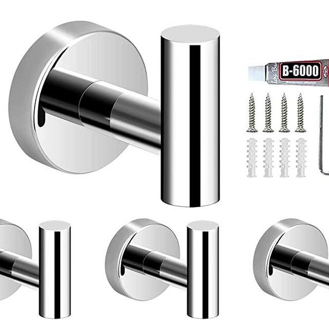 Polished Towel Hooks, 4 Pack Silver Upgrade Stainless Steel Bathroom Towel Hook with Installation Accessories, Strong Chrome Towel Hooks for Bathroom Kitchen Living Room Bedroom Office
