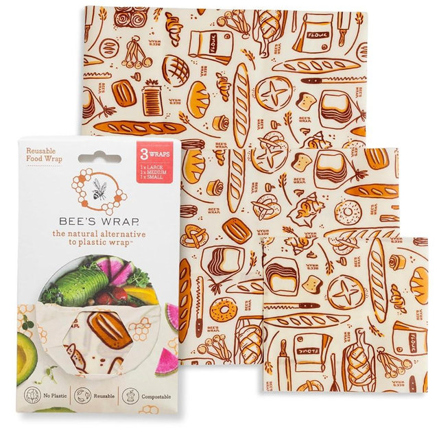 Bee's Wrap Beeswax Wraps for Food - Made in USA Reusable & Organic Food Wraps, Sandwich Wrap & Bowl Covers - Eco-Friendly Alternative to Aluminum Foil & Plastic Wrap, Bakery Lane 3 Pack (S, M, L)