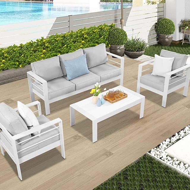 Wisteria Lane Aluminum Outdoor Patio Furniture Set, Modern Patio Conversation Sets, Outdoor Sectional Metal Sofa with 5 Inch Cushion and Coffee Table for Balcony, Garden, Light Grey