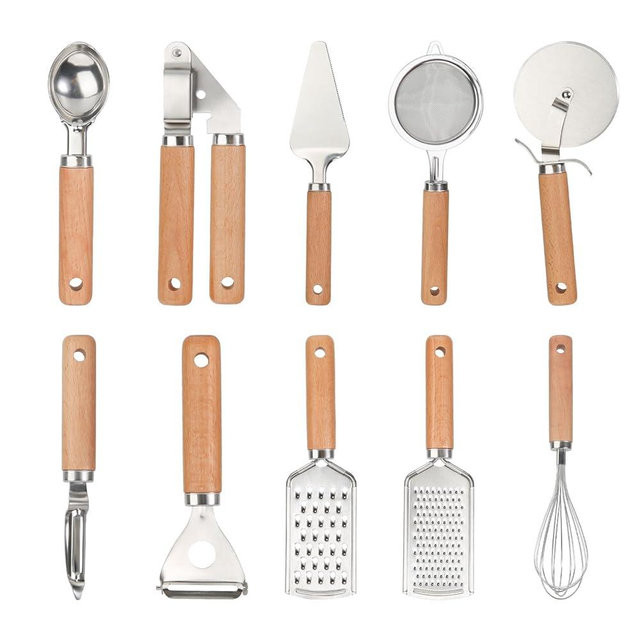 GreatChef Kitchen Tools and Gadget Set of 10, Stainless Steel Utensils with Wood Handle, Food Grade, Good for Cooking Serving