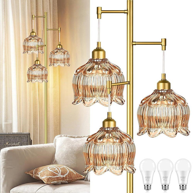 AHDWDW Gold Floor Lamp for Living Room Bedroom,Modern Floor Lamps with Unique Glass Shades,68IN Mid Century Tall Standing Lamp,Vintage Tree Floor Lamp for Corner Office Reading,3 Light Bulb Included