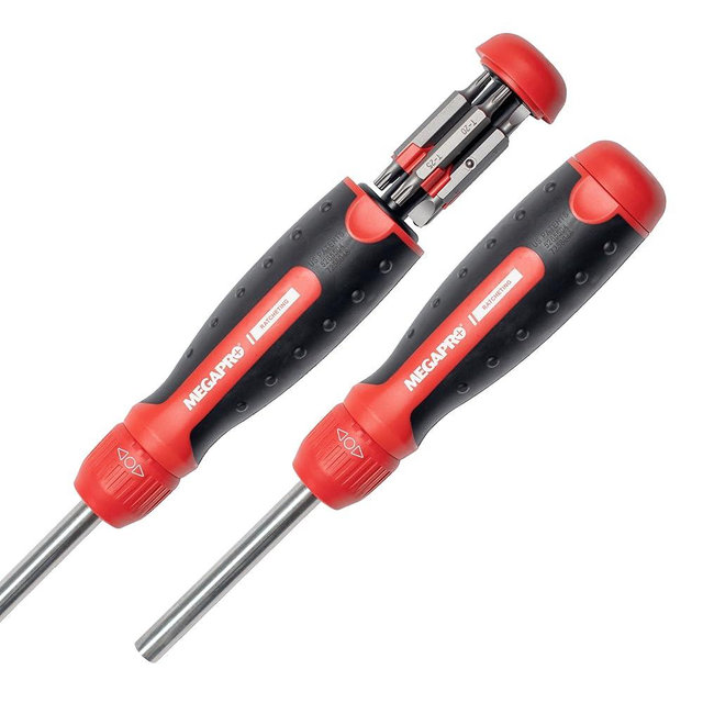 MEGAPRO® Original Ratcheting Multi-Bit Screwdriver with ¼” Hex Shaft | Phillips, Torx, Flat, Square | Trades Screwdriver