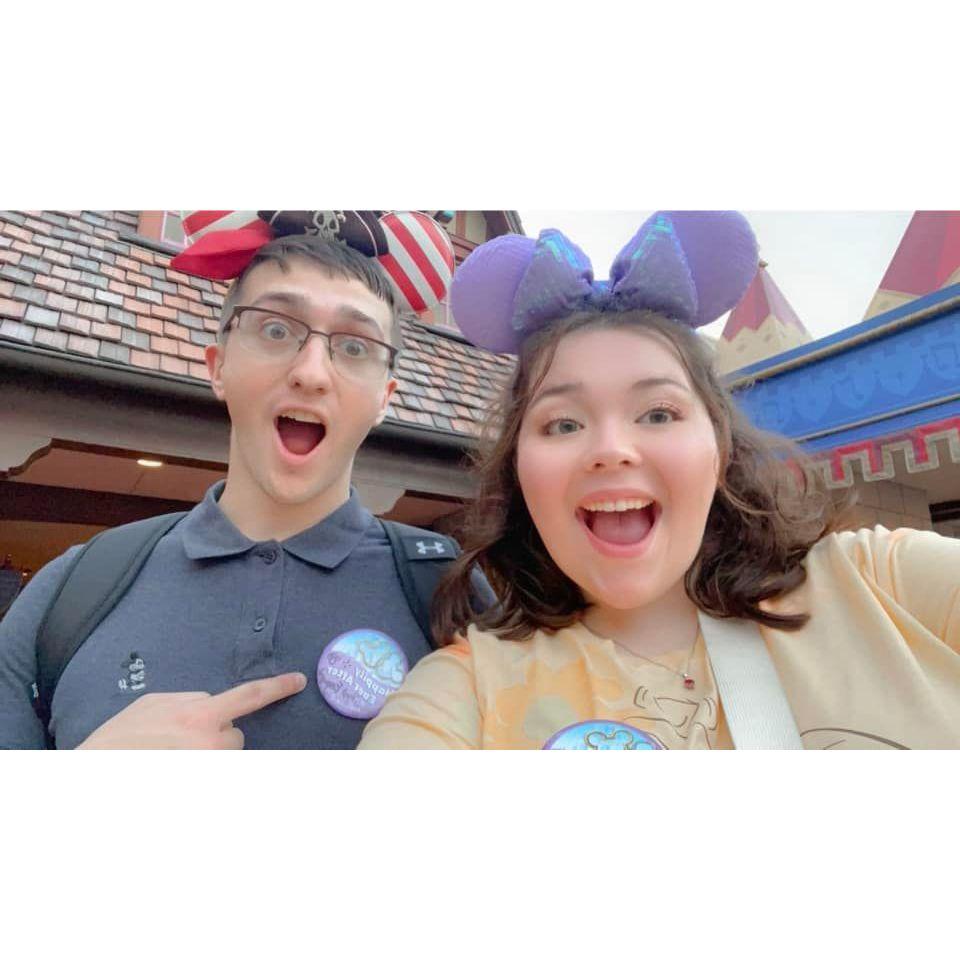 January 7th 2024. Jayden and Audrey celebrate getting engaged with pins, mickey ears, dole whip and chicken tenders (all while at Disney of course).