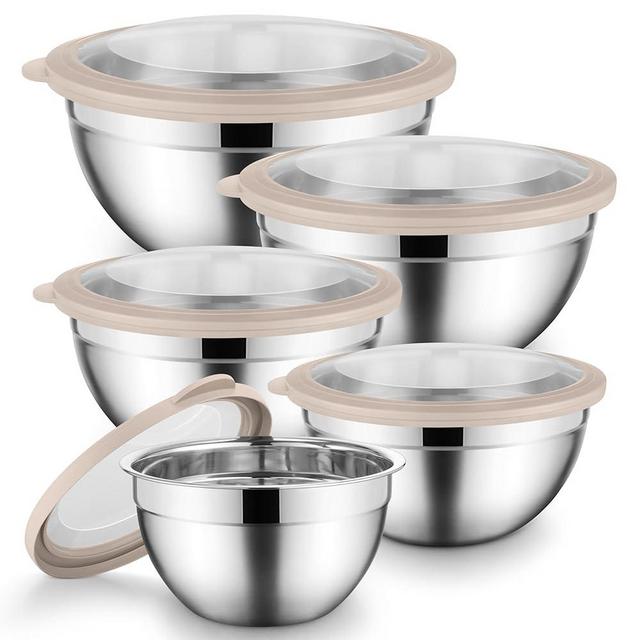 Onader Mixing Bowl Set of 5 for Kitchen Stainless Steel Metal Nesting Mixing Bowls with Khaki Lids – Size 1.5, 2, 2.6, 3.5, 4.6QT