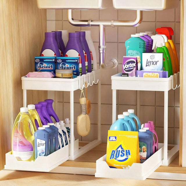 APWNRJA Under Sink Organizers and Storage 2 Pack, Pull-Out Sliding Cabinet Organizer with 2-Tier Storage Shelf & 4 Hooks, Multi-Purpose for Kitchen & Bathroom (13 Inch, White)