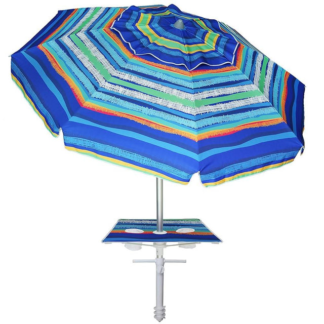 AMMSUN Beach Umbrella with Sand Anchor & Table Tray, Portable Heavy Duty Beach Umbrellas, 6.5ft Sun Outdoor Umbrella, UV 50+ Protection, Carry Bag for Beach, Patio, Pool and Garden, Stripes
