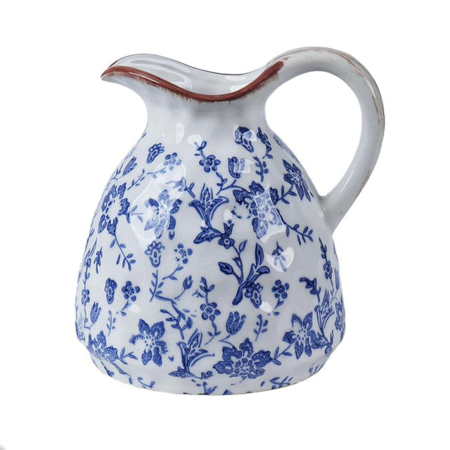 CheeryStow Blue and White Ceramic Vase with Handle – 7.28 Inch Vintage Crackle Glaze Pitcher Style Flower Vase, Chinoiserie Tuscan Decorative Jug for Shelf, Desk, Home Decor