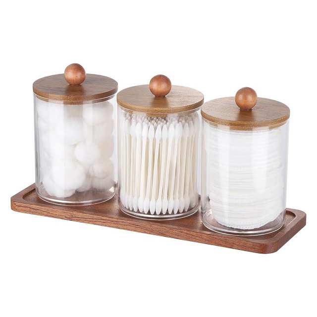 Tbestmax Qtip Holder with Vanity Tray, Clear Bathroom Containers Dispenser for Storage Cotton Swab/Ball/Pad Holder Wood Lids