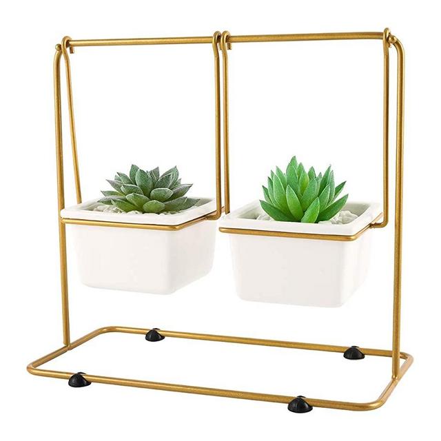 superbpag Succulent Plant Pots with Drainage Hole, 3.5 Inch Rectangle White Ceramic Succulent Planter Cactus Flower Pot Container with Golden Stand - Plants Not Included