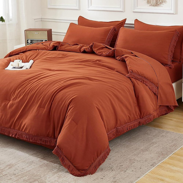 Andency Burnt Orange King Size Comforter Set with Sheets - 7 Pieces Boho Tassel Bed in a Bag Soft Lightweight Bedding Sets, Terracotta Rust Fringe Bed Set with Comforter, Sheets, Pillowcases & Shams