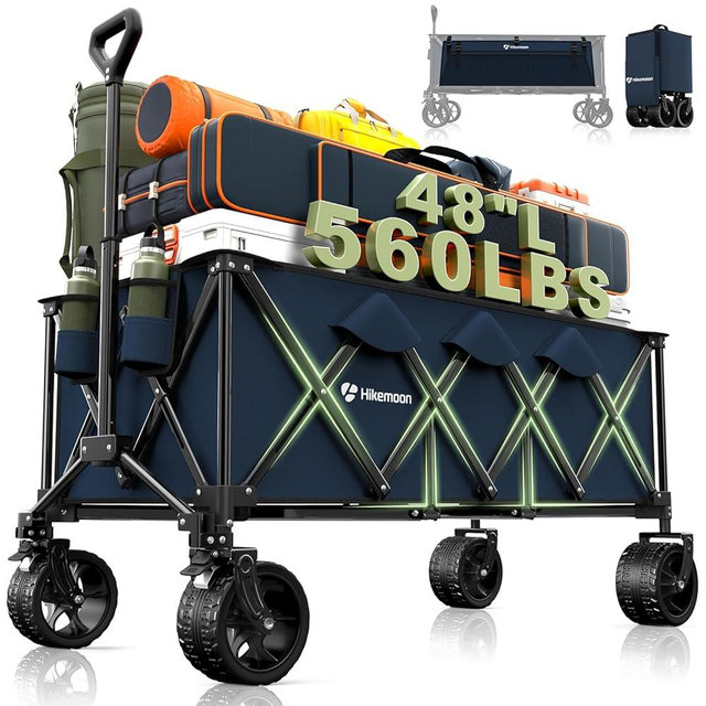 Hikemoon 48"L Collapsible Wagon Cart Foldable, 560LB Weight Capacity 300L Heavy Duty Folding Beach Wagon with All-Terrain Big Wheel, Utility Wagon for Grocery, Shopping, Garden, Sports, Camping, Blue