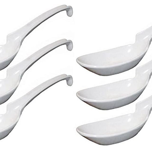 Happy Sales Melamine Soba, Rice Spoons, Chinese Won Ton Soup Spoon, Asian White, 6 Pack Notch & Hook Style