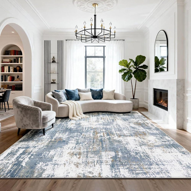 Srugn Washable Rugs 8x10 Area Rugs for Living Room,Modern Abstract Rugs for Bedroom,Large Carpets,Ultra Soft Faux Wool Dining Room Rug,Non Slip Low Pile Print Rug- Blue- (White-Reddish Brown)