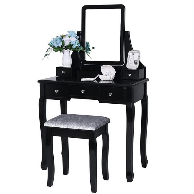 BEWISHOME Vanity Table Set with Mirror & Cushioned Stool Dressing Table Vanity Makeup Table 5 Drawers 2 Dividers Movable Organizers Black FST01H