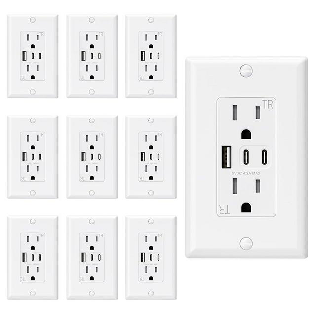 ELEGRP USB Outlets, 15 Amp Wall Outlet with 3 USB Ports, Dual USB C Ports Outlets, TR Tamper-Resistant USB Outlets Receptacles, Wall Plate Included, UL/CUL Listed, 10 Pack, White