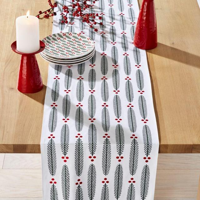 Crate and Barrel Modern Holiday Sprig Embroidered 90" Table Runner