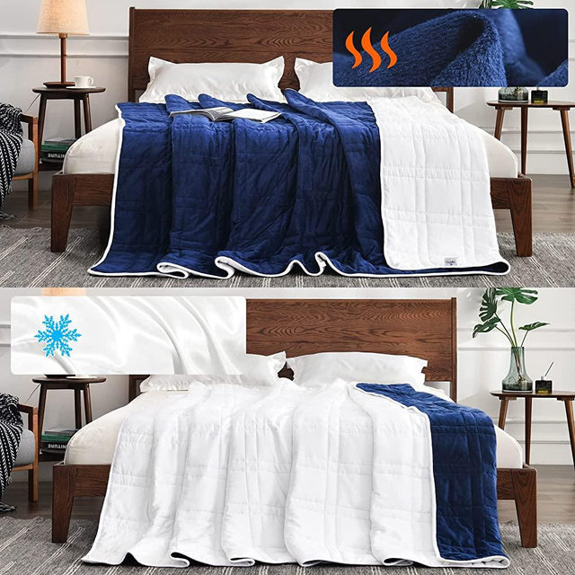 OMYSTYLE King Size Weighted Blanket 20lbs(88''x104'', Navy Blue/White), Reversible Weighted Blanket with Warm Short Plush and Cooling Tencel Fabric for All Season Use - Carry Bag Included