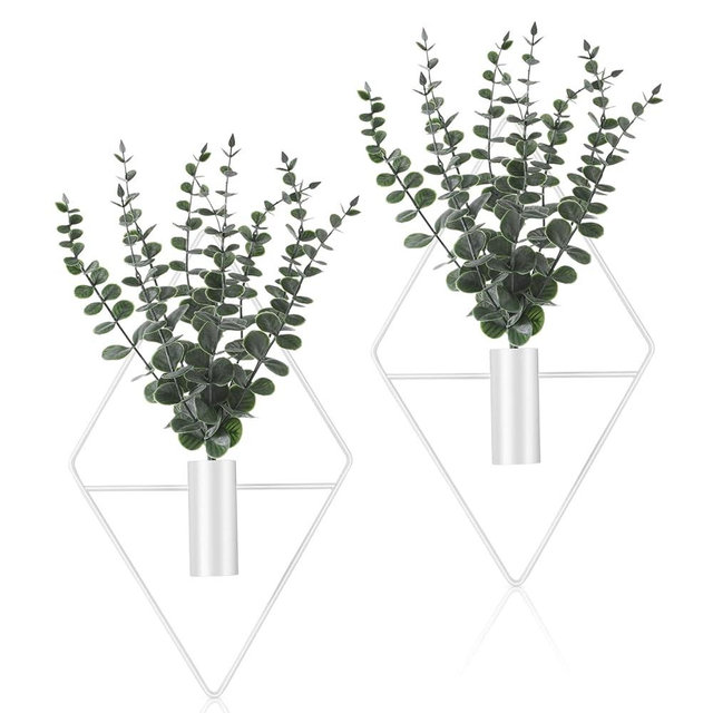 Jexine Hanging Planters with Artificial Eucalyptus Metal Hanging Vase Indoor Plants Holder Modern Geometric Boho Bathroom Wall Decor for Living Room Home Office(White,4 Pcs)