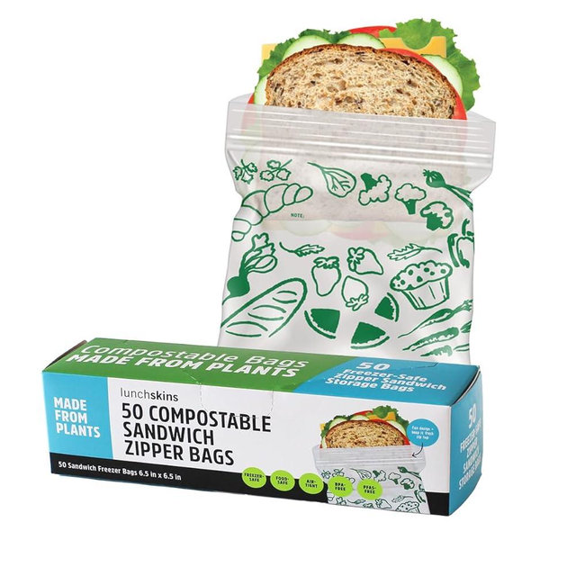 Lunchskins Ziptop Compostable & Resealable Freezer-Safe Food Storage Bags, Sandwich Size, 50 Bags - Eco-Friendly, Made Without PFAS and BPA