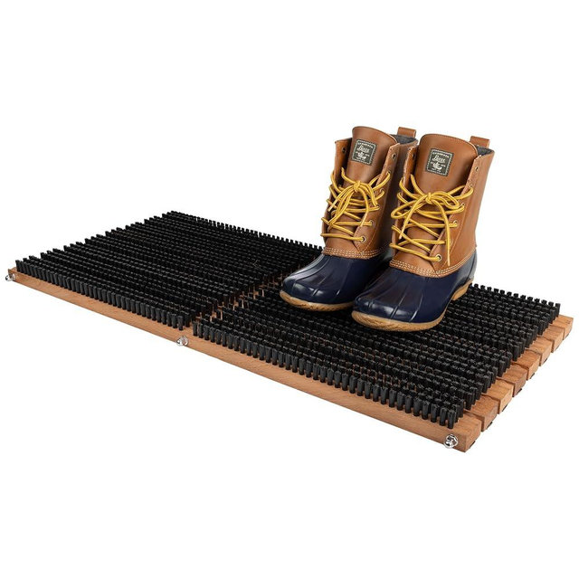 Kings County Tools Wooden Door Mat - 31.5” x 14” Boot Brush Scraper Outdoor Mat - Front Doormat Outside Entrance with Built-in PVC Shoe Cleaner Brush Bristles and Non-Slip Rubber Backing