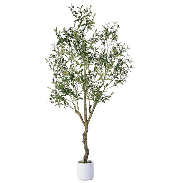 Jocoevol Artificial Olive Tree 6FT, Indoor Fake Silk Plant with Realistic Trunk, Leaves, Fruits and White Planter, Faux Potted Tree for Home Decor and Housewarming Gift, 1 Pack