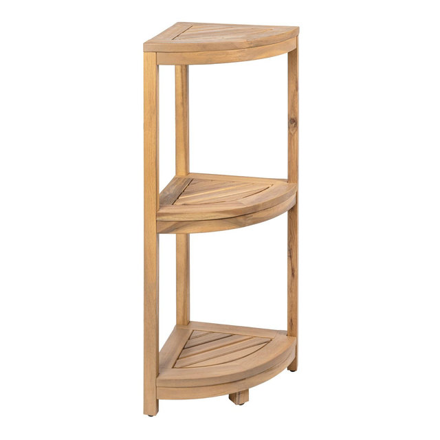 happimess Sela 33" Classic Minimalist 3-Tier Acacia Wood Freestanding Bathroom Corner Shelf, Light Teak