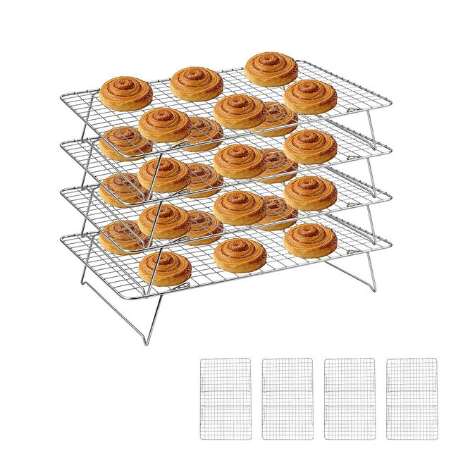 Cooling Rack, 4 Tier Stackable Cooling Racks for Cooking Baking Roasting, Multi-Level Collapsible Cookie Rack for Cakes, Oven Safe & Easy Clean (Silver, 4-Tier)