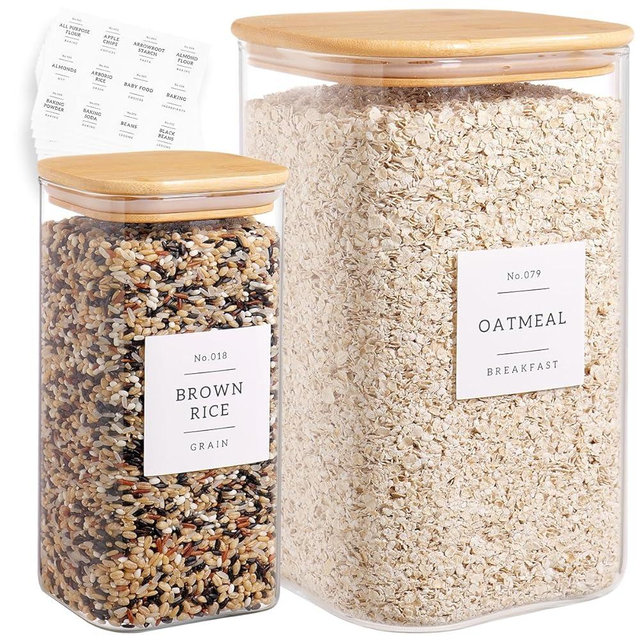Glass Pantry Storage Containers with 132 Kitchen Pantry Labels, 138/50 oz Large Square Flour and Sugar Containers with Airtight Lids, Gallon Glass Jars with Bamboo Lids for Rice, Pasta, Cookies, grain