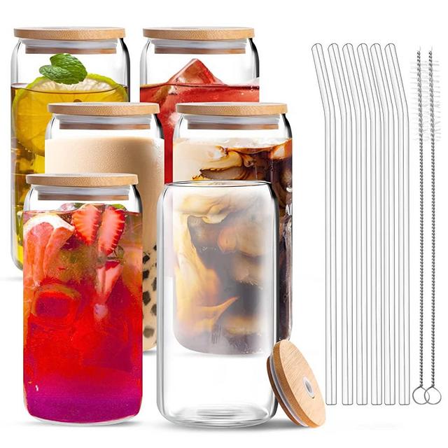 Vozoka Glass Cups with Lids and Straws 6 Set - 16oz Drinking Glasses with Lids and Straws, Beer Glasses, Iced Coffee Glasses, Can Shaped Glass Cups, Ideal for Cocktail, Whiskey, Gift (Set of 6)