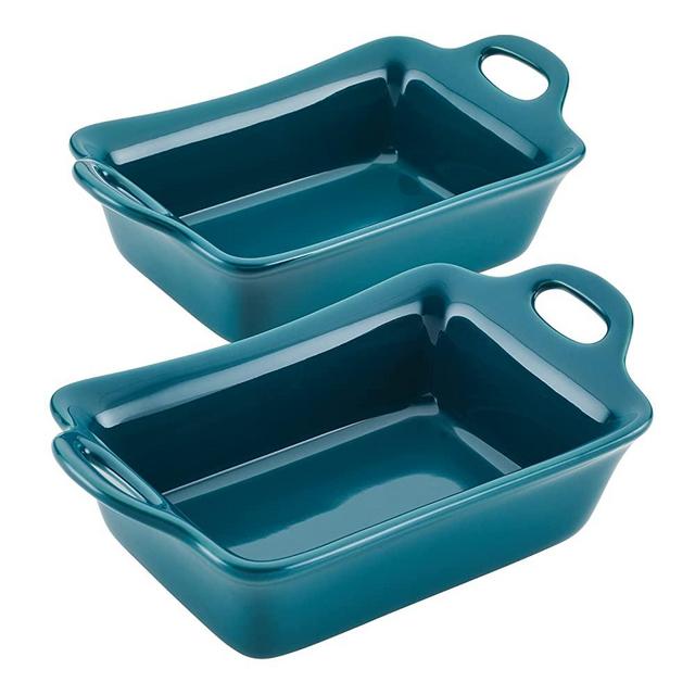 Rachael Ray Solid Glaze Ceramics Au Gratin Bakeware/Baker Set, Rectangular, 2 Piece, Teal