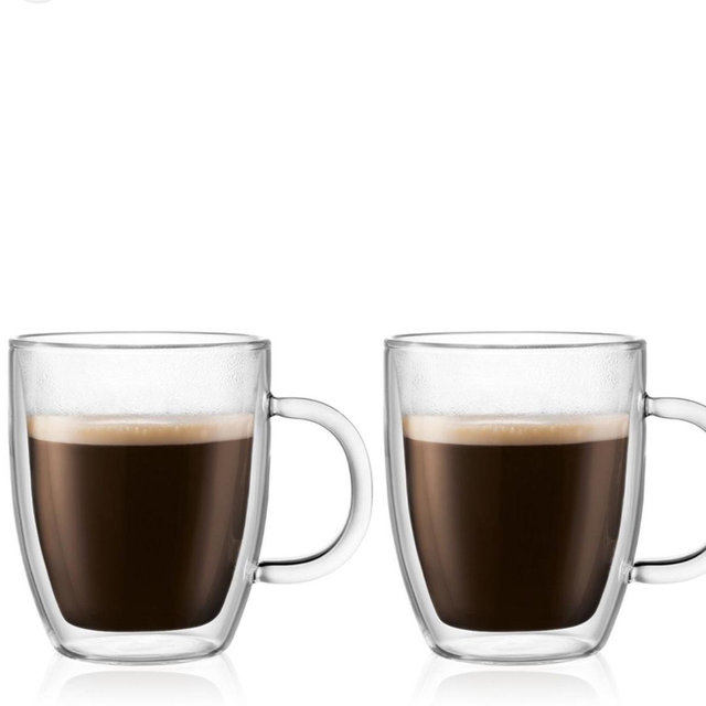 Bodum 15oz Bistro Double Wall Insulated Mug, High-Heat Borosilicate Glass, Set of 2, Clear