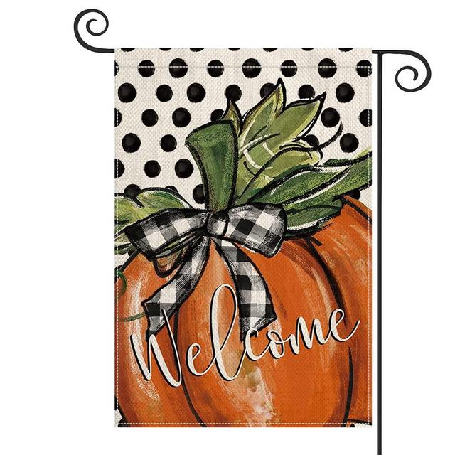 AVOIN colorlife Fall Pumpkin Welcome Garden Flag Vertical Double Sided, Polka Dot Buffalo Check Plaid Farmhouse Autumn Thanksgiving Flag Holiday Yard Outdoor Decoration 12.5 x 18 Inch