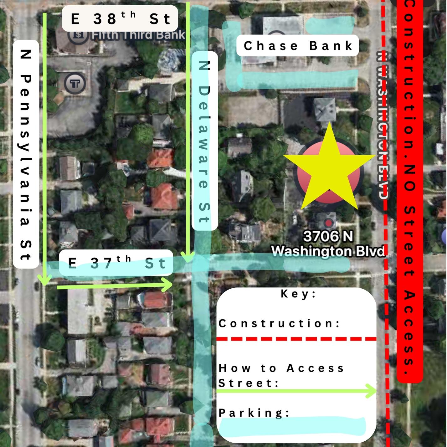 Use N. Pennsylvania Street and N. Delaware Street to find parking along Delaware and 37th Streets.

Additional parking at the abandoned Chase Bank off of 38th & Washington, access on Washington.