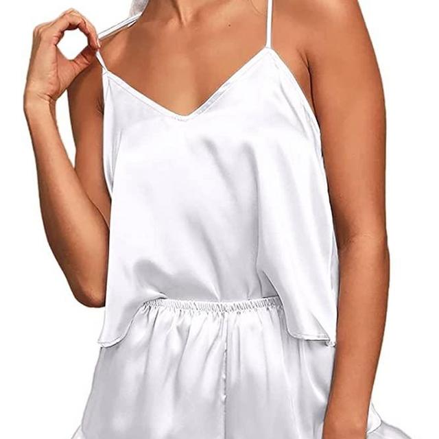 CHYRII Women's Sexy Silk Satin Ruffled Pajamas Sets Cami Shorts Sets Sleepwear