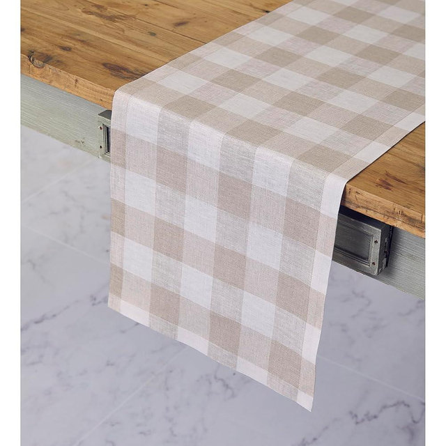 Solino Home Linen Plaid Table Runner 36 Inches - 100% Pure Linen Natural and White Buffalo Check Short Table Runner 14 x 36 Inch Ideal for Dresser and Coffee Tables - Fall, Halloween, Thanksgiving