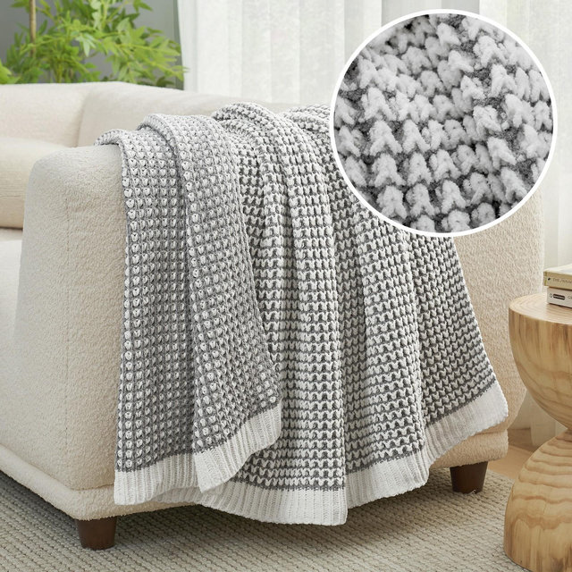 Reversible Chenille Waffle Knit Throw Blanket Soft, Lightweight & Cozy, Gray & Ivory- Amelie Home