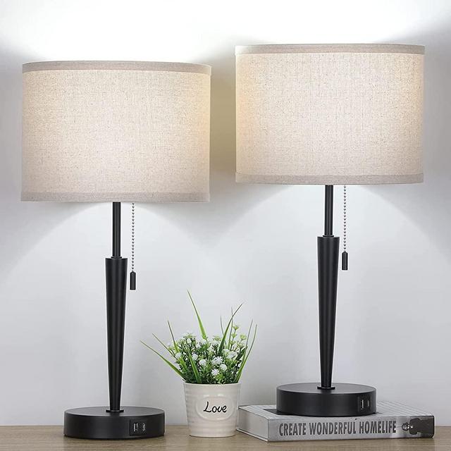 GGOYING Set of 2 Bedside Table Lamp, Pull Chain Nightstand Lamps with USB A & C Charging Ports, 5000K LED Bulb, Round Fabric Linen Lampshade for Livingroom, Bedroom, Home, and Office(Bulbs Included)