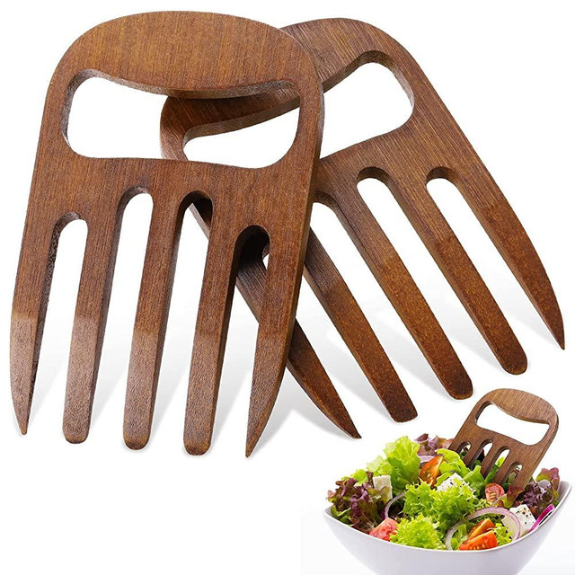 2 Pieces Bamboo Salad Hands,Salad Servers Bamboo Serving Hands Latest Gripper Design Salad Claws Set for Serving Salad, Pasta, Fruit on Your Kitchen Counter, 6 Inches (Coffee)