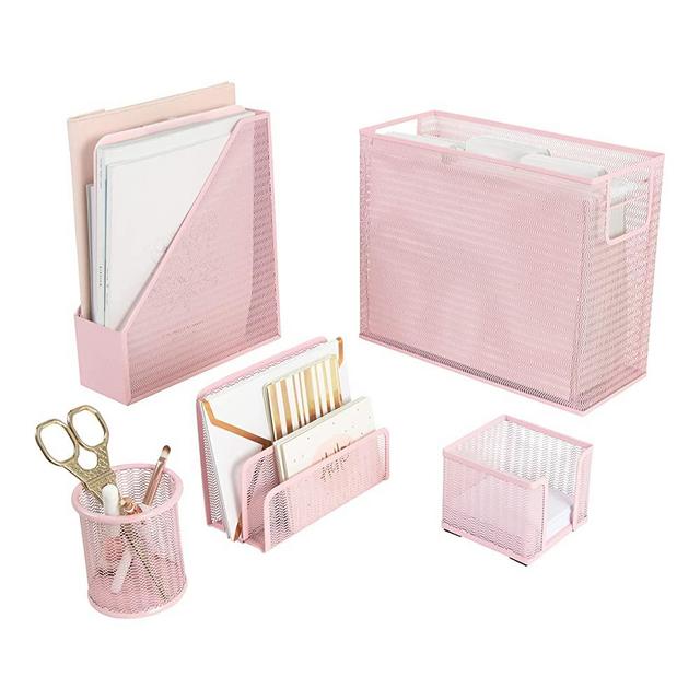 Blu Monaco 5 Piece Pink Office Supplies Desk Organizer Set - with Desktop Hanging File Organizer, Magazine Holder, Pen Cup, Sticky Note Holder, Letter sorter - Pink Desk Accessories for Women Office