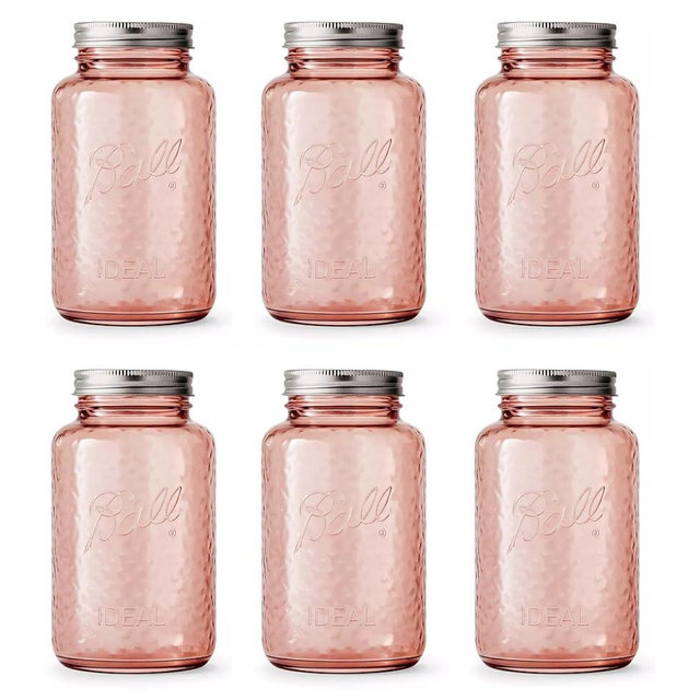 Ball Collectors Edition Vintage Rose Colored Canning Jars, Regular Mouth Quart Jars with Lids and Bands, 32 Oz Each, Pack of 6