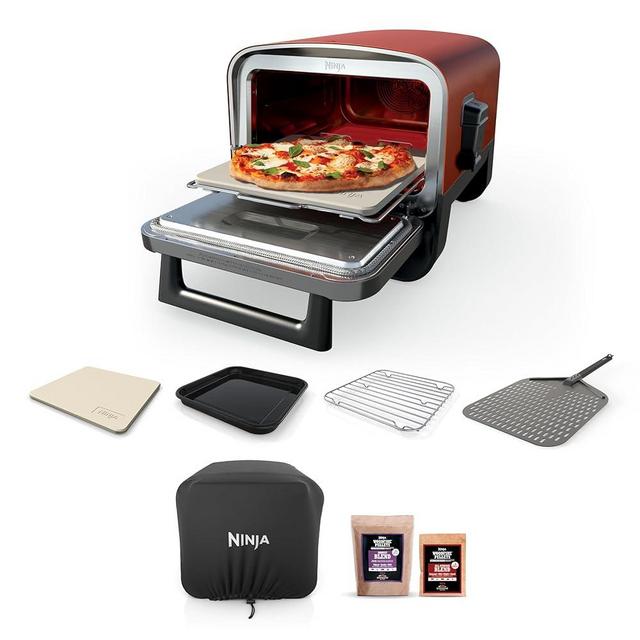 Ninja OO101 Woodfire 8-in-1 Outdoor Oven, Pizza Oven, 700°F, BBQ Smoker, Portable, Electric, Terracotta Red with XSKOPPL Pizza Peel+XSKOCVR Cover + XSKOP2R Woodfire Pellets