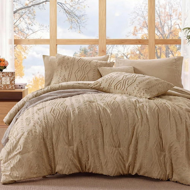 WRENSONGE King Size Comforter Set with Sheets - 7 Pieces Light Brown Tufted Bed in a Bag King Shabby Chic Bedding Sets with 1 Comforter, 2 Sheets, 2 Pillowcases & 2 Shams