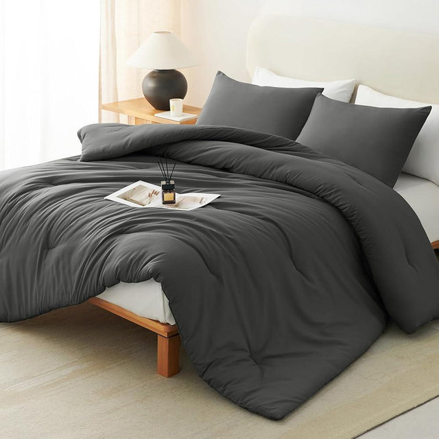 CozyLux Oversized King Comforter Set Dark Grey, 3 Pieces 120x98 Solid Breathable Quilted Style Bedding Sets All Season, Luxury Soft Down Alternative Comforter Bed Set (1 Comforter & 2 Pillowcases)