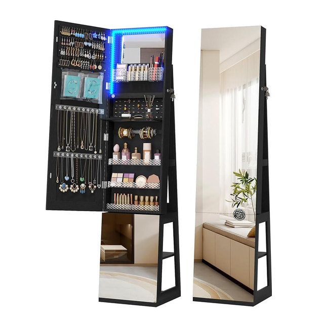 Vlsrka 360° Swivel Jewelry Cabinet with Lights, 63" H Large Capacity Jewelry Armoire with Full Length Mirror, Standing Jewelry Mirror with Storage for Jewelry, 4-in-1 design, Black
