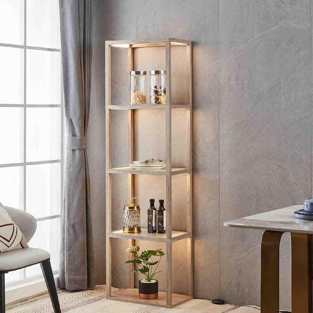FENLO Fantasy Plus 66" Luxury Glass Display Shelf with Dimmable LED Floor Lamps, Sturdy Glass Shelves For Bedroom, Curio Cabinet with Glass Bookshelf Display Case, Floor Lamp with Shelves, Rustic Wood
