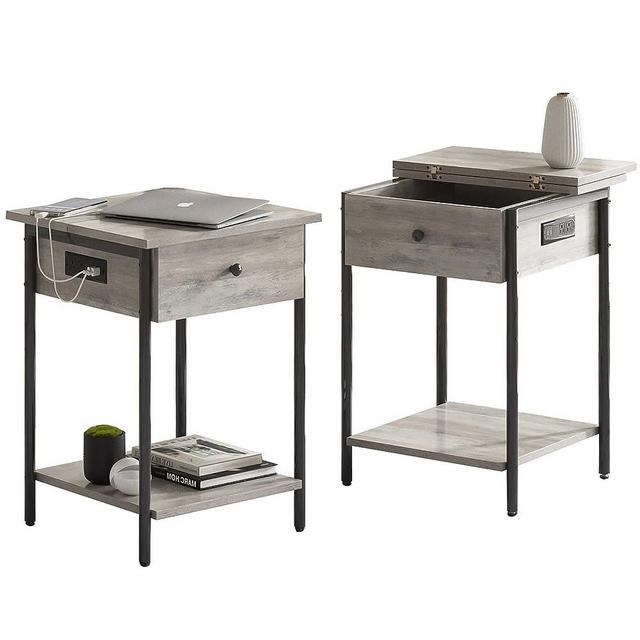 hosote Nightstand with Charging Station, Flip Top End Table with USB Ports and Outlets Farmhouse Night Stand Side Bedside Table with Storage for Bedroom Living Room (Rustic Grey, Set of 2)