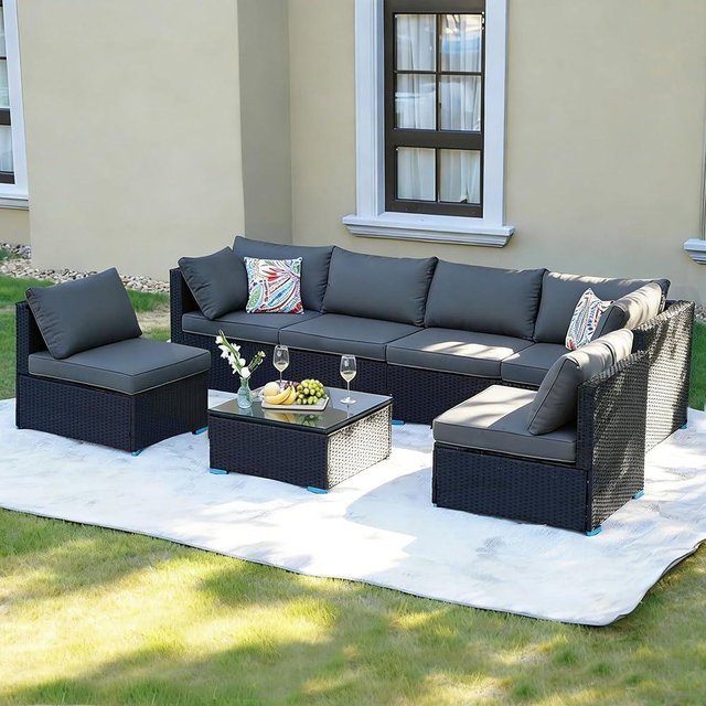 Naga Bahna 7 Piece Outdoor Patio Furniture Sets, Black Patio Sectional Furniture All-Weather PE Rattan Sectional Sofa, Outdoor Wicker Conversatin Set w Glass Coffee Table for Backyard, Spring, 2026