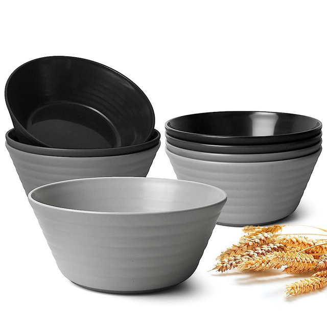 Teivio 8-Piece Lightweight Durable Snack Bowls, 36-ounce in 7-inch, Unbreakable Wheat Straw Cereal Bowls Pasta Bowls, Regular series salad bowls for Rice, Soup, Salad, Fruit, Gray Ombre