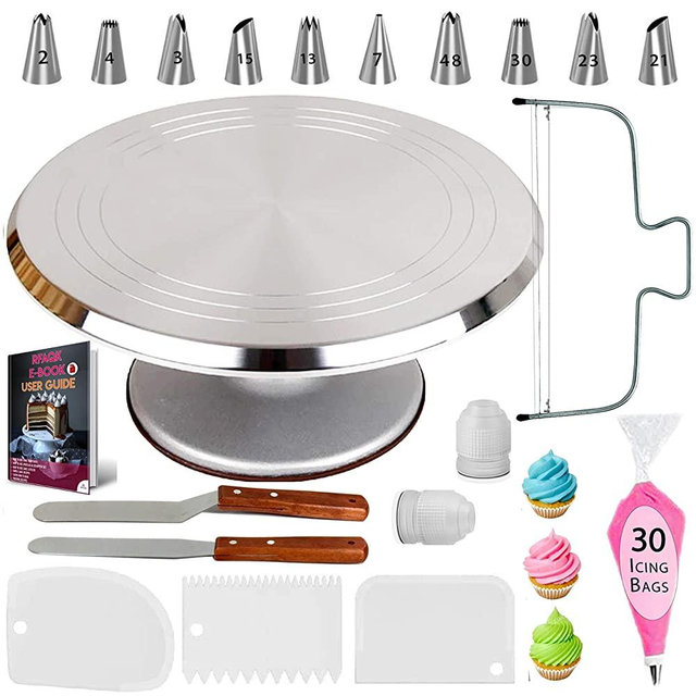 50 PCs Aluminum Cake Turntable Rotating Stand- Professional Cake Decorating Tools Kit with Straight & Offset Spatula- 7 Icing tips and bags for decoration -Cake leveler & EBook for Beginners